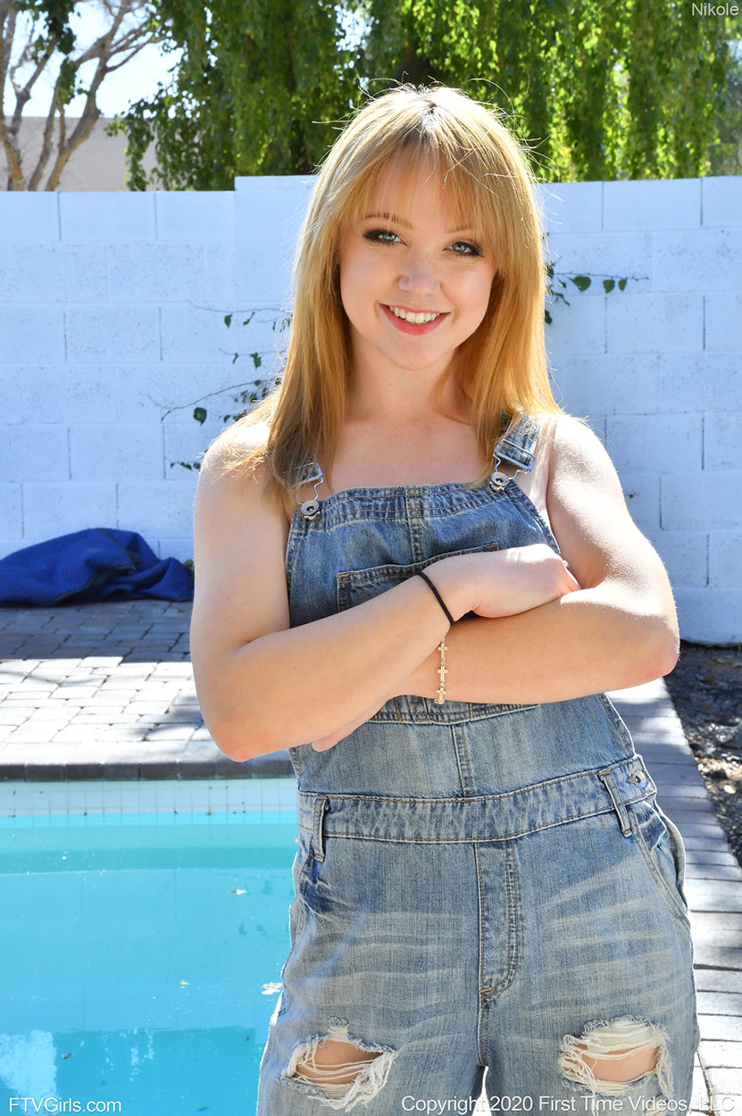 Nikole Nash in Overalls by the Pool