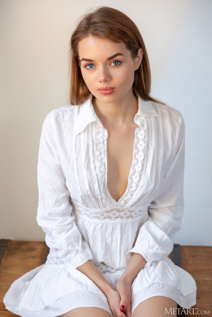Keira Blue in a White Dress
