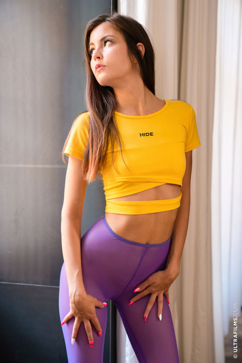 Cindy Shine Yellow Top and Purple Pantyhose
